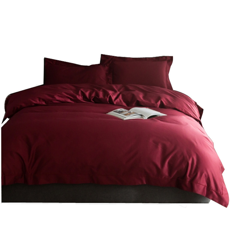 100支匹马棉四件套 结婚w酒红色婚庆奢华婚礼嫁妆婚床纯色用品