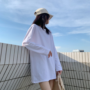 白色宽松百搭基础纯棉透气长袖T恤女秋中长款学生内搭打底衫上衣