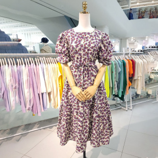 2021夏新装 连衣裙 复古小方领系带绿色碎花裙子宽松遮肚子显瘦短袖