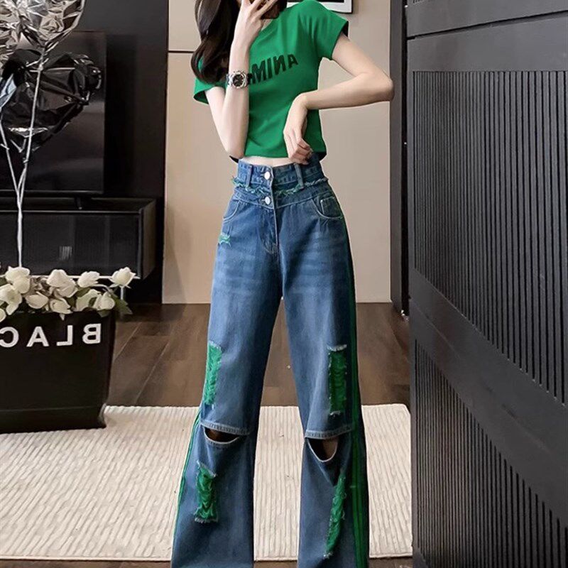 辣妹时尚新款女士牛仔裤女小个子时髦破洞裤设计感拖地阔腿长裤潮
