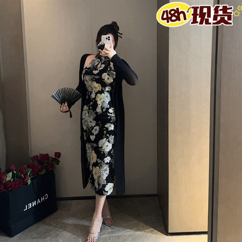 胖婷大码定制微胖mm大码连衣裙提花旗袍连衣裙中式黑道千金