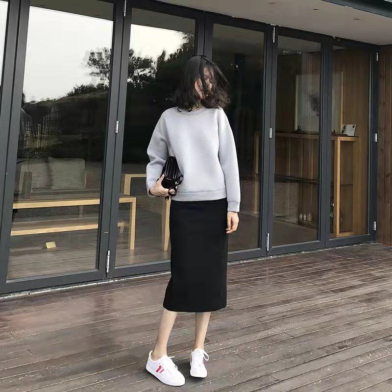 纯色黑色胖mm拼接包臀裙a型裙高腰直通群通勤针织半身中长裙韩版