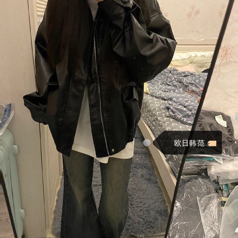 大码酷帅气黑色pu皮衣女秋冬美式复古设计感休闲宽松机车夹克外套