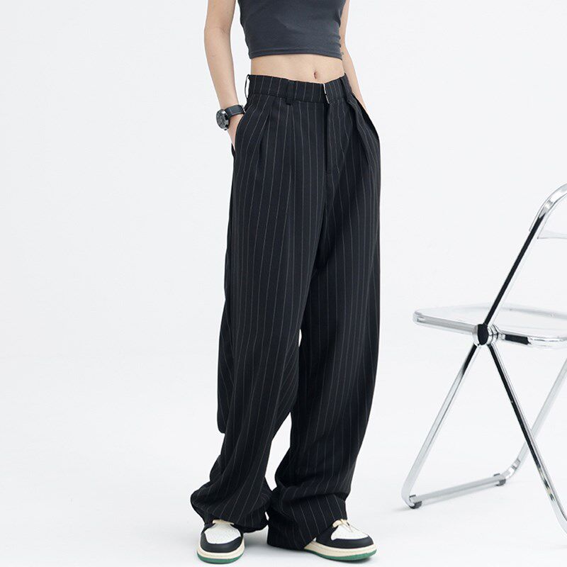 梨形穿搭条纹西装裤设计感大码休闲裤女胖妹妹高腰mm垂感显瘦长裤
