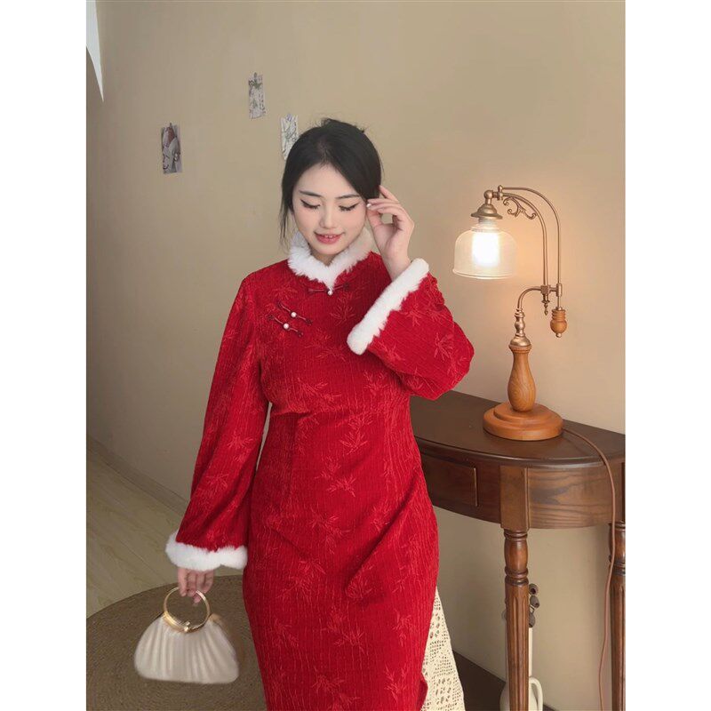 红颜【自制款】大码胖mm年轻款新中式订婚敬酒服拜年圣诞红色旗袍