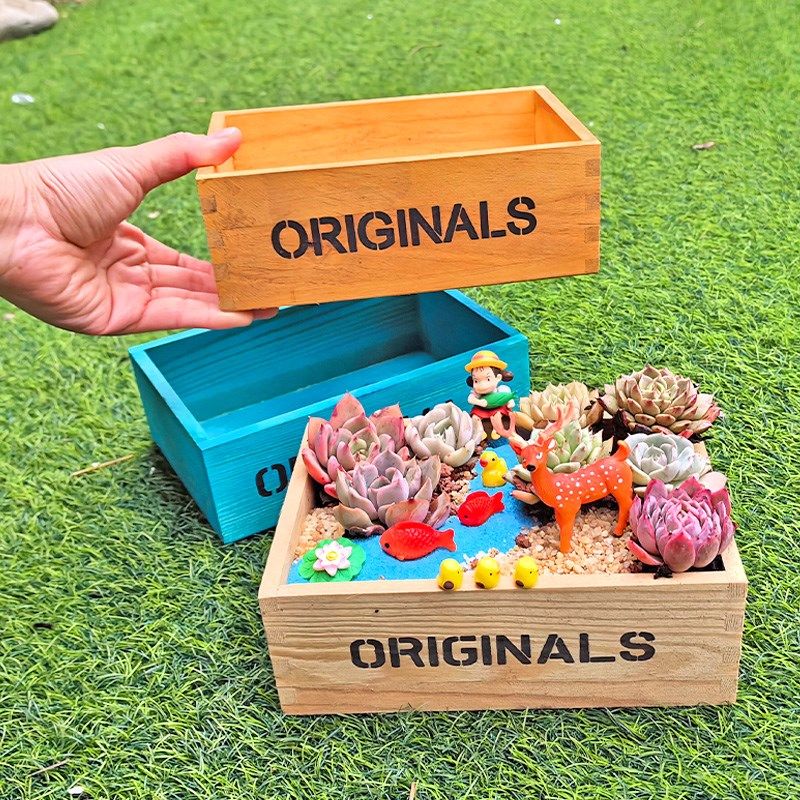 创意复古木盒多肉植物拼盘微景观花盆长方形木制木盆花盘木槽摆件