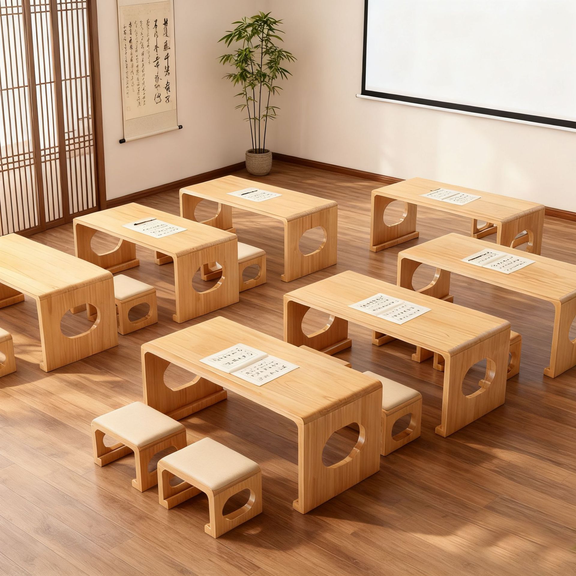 新中式实木国学桌宋式美学榻榻米书法桌私塾培训班桌椅围棋茶艺桌