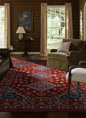 提亚复古红色波斯花纹地波毯西米亚KKM客卧室美式床边厅书帕房地