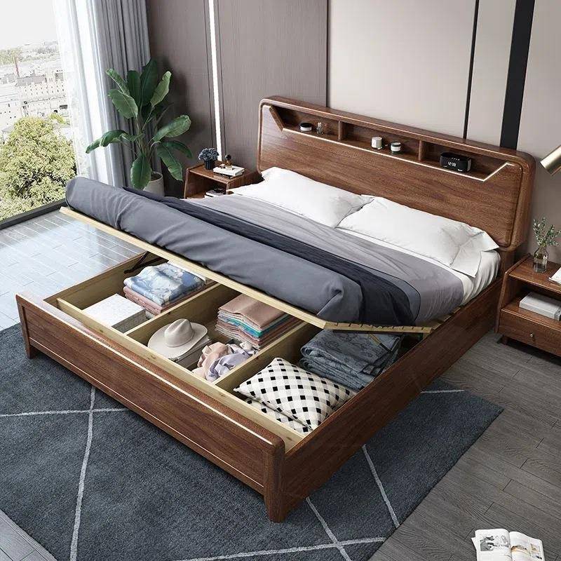 胡桃木床2米大床木全PYJ实新中式轻现奢代简约储物主室1.卧8米双