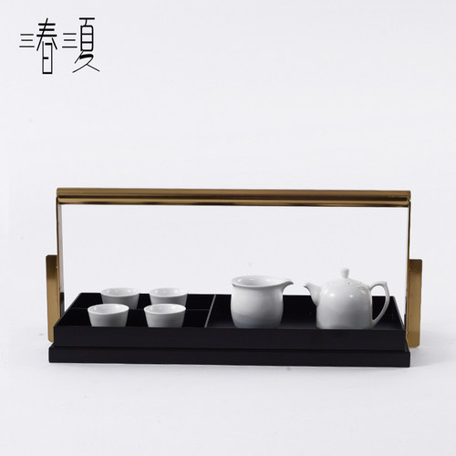 新中式金属手提茶盘茶具客厅茶A几陈设饰品样板房茶室桌面装饰摆
