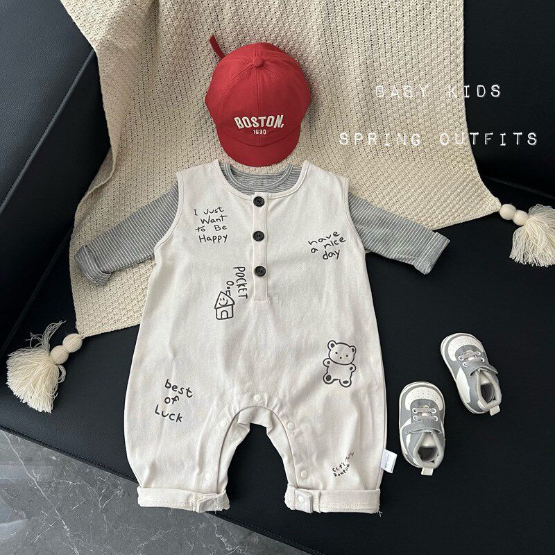 婴儿背带裤两件套装春季韩版外出连体衣男女宝宝R可爱涂鸦爬服哈