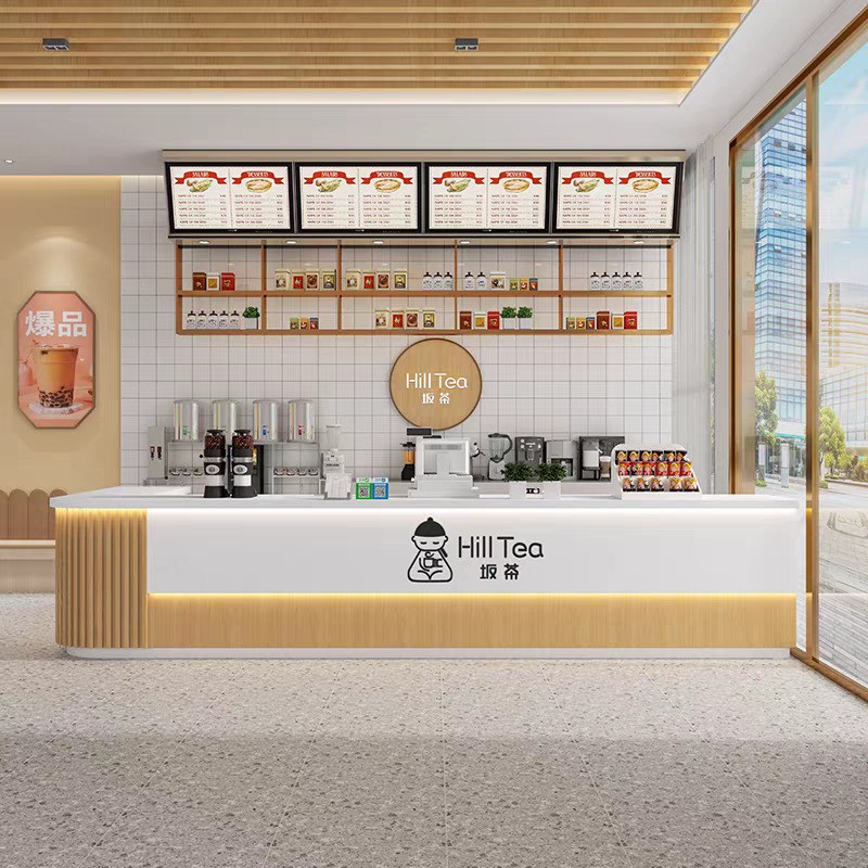 简约奶茶店咖啡馆吧台q水果甜品店超市收银台转角前台桌接待台柜