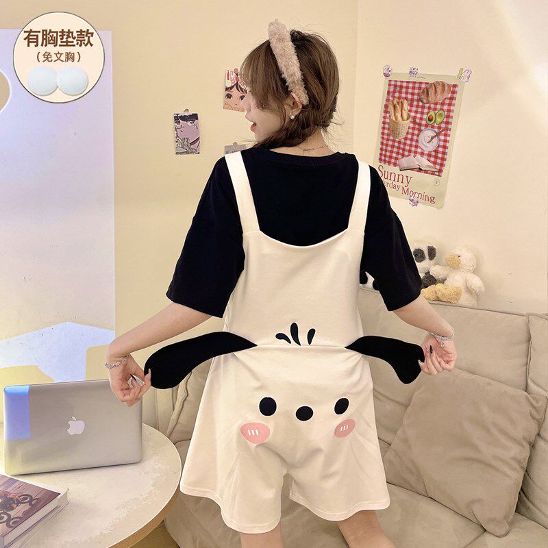 吊带裤连体睡衣女夏季带胸垫纯棉短袖两件套宽松大码可爱卡通少女