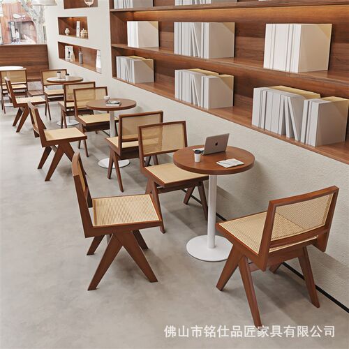 实木藤编椅咖啡厅甜品奶茶店休闲洽谈书吧桌椅民R宿餐厅侘寂风椅