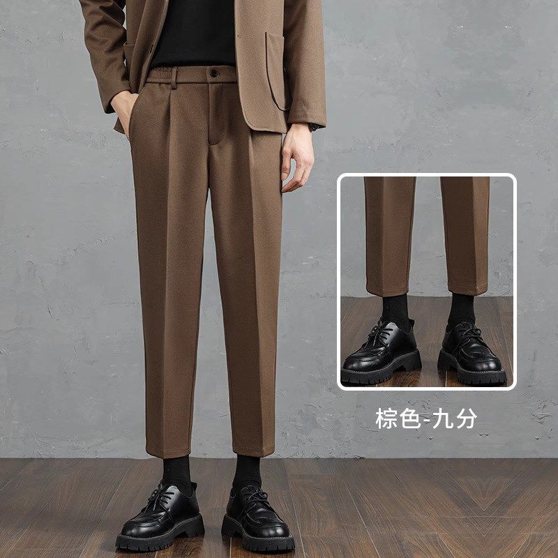 西裤男士秋冬厚款加绒毛呢休闲长裤磨毛I免烫商务直筒垂坠感九分