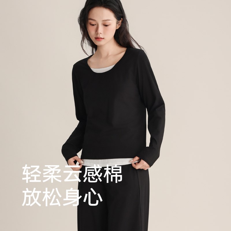 女士纯棉假两件上衣春秋季睡衣套装长袖长裤简约高级感家居服外穿