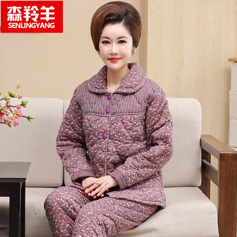 冬季中年女士纯棉夹棉睡衣大码套装妈妈三层棉袄加厚秋冬季家居服