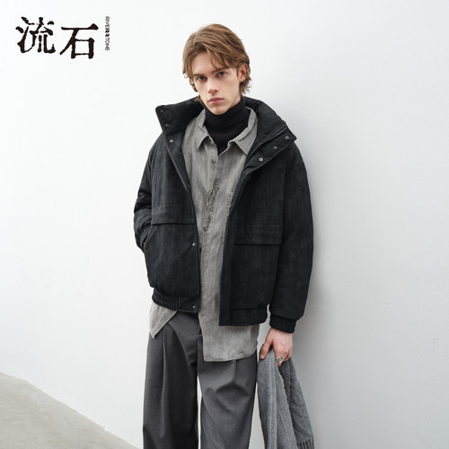 流石男装肌理感PU羽绒服2026年冬季新款立领夹克男