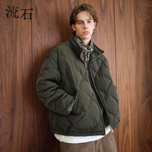流石男装经典格纹短款羽绒服2026年冬季男士新款中性工装风外套潮