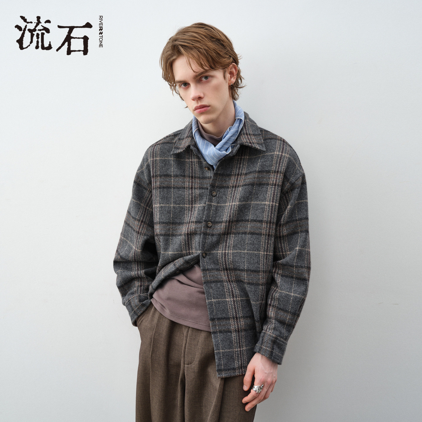 流石男装经典格纹衬衫外套2026年冬季新款男款衬衣潮