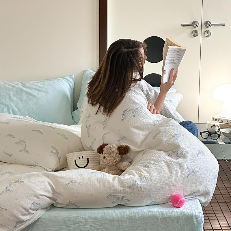 A类双皱皱纱四件套纯棉无品牌/100全棉床单被套约简层卡通小清新