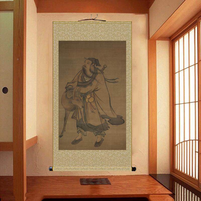 古画复客制张书路WIY仙人携鹿图玄关走廊装饰画厅房卷新中式轴画