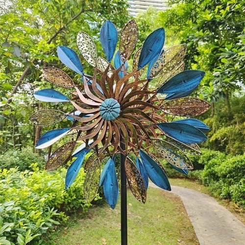 新款户外庭铁艺风布旋转风车装饰院园林景区置枫#102叶镂空仿古蓝