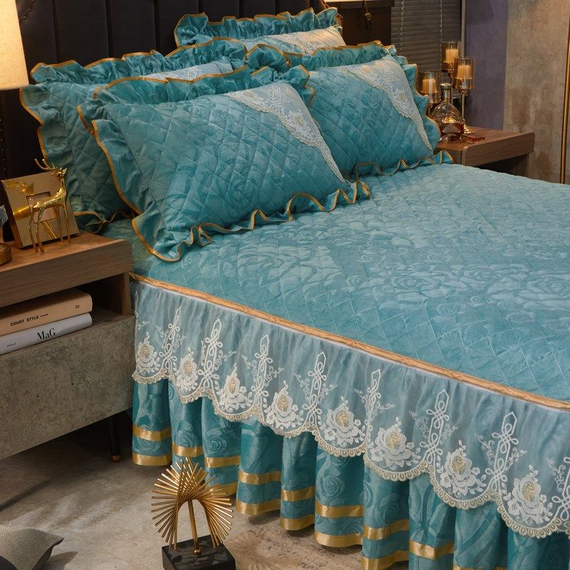 秋冬天鹅绒夹棉床裙式床罩加厚保暖纯色床盖防滑短毛绒床套罩单件