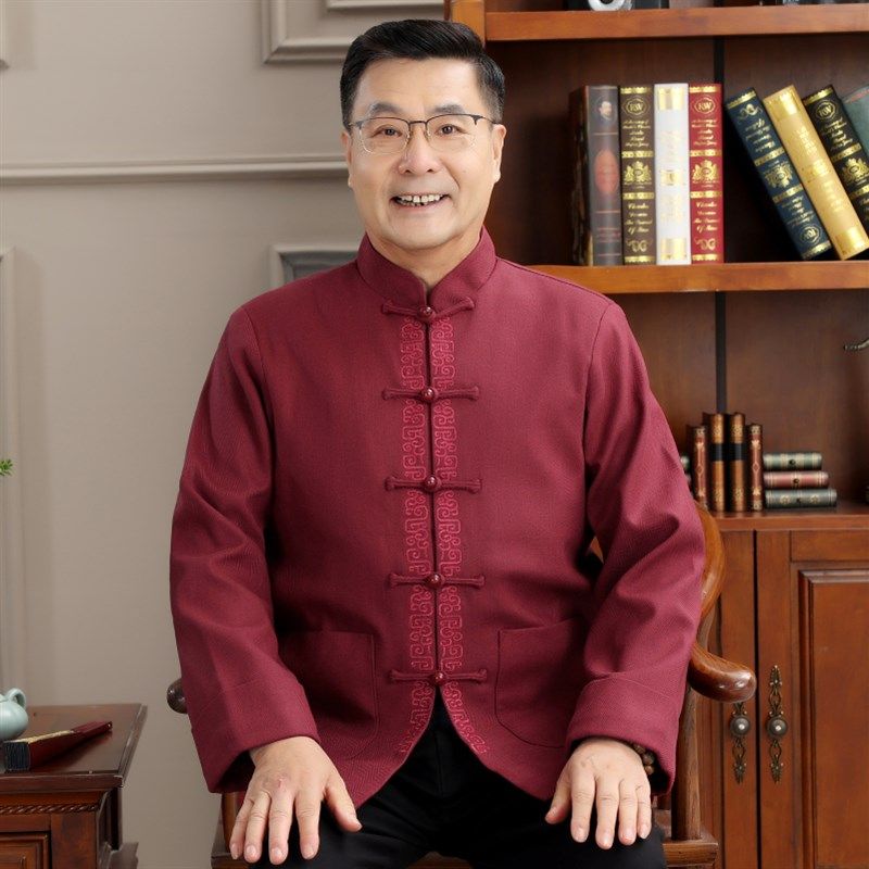 中老年男士唐装长袖刺绣外套棉衣秋冬季宽松休闲中式立领棉服棉袄