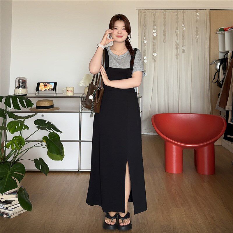 微胖的喵喵 大码女装胖mm夏季巨显瘦T恤背带连衣裙裙两件套装2601