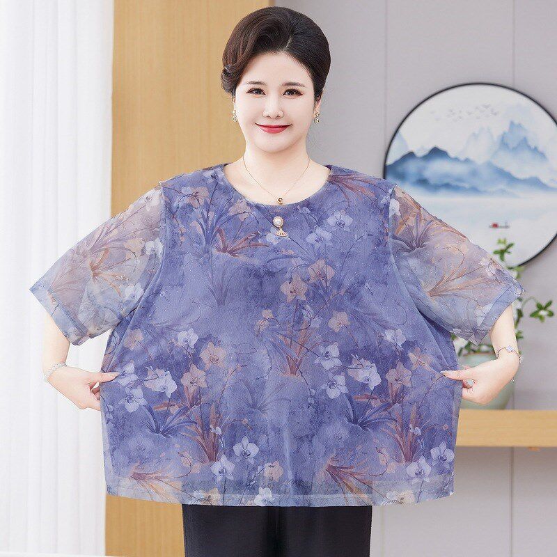 加肥加大码中老年女装200斤宽松短袖雪纺t恤遮肚胖妈妈两件套夏装