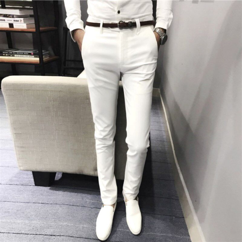 裤子男夏薄款白色休闲裤韩版潮流修身小脚裤弹力西裤大码直筒长裤