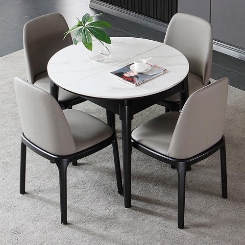 北欧伸缩岩板餐桌可变圆桌现代简约多功能圆形餐桌小户型可折叠桌