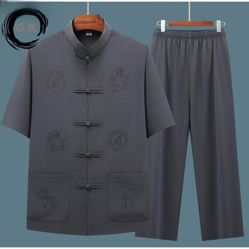唐装男士夏天中老年爸爸夏装中国风短袖爷爷老人衣服薄款套装