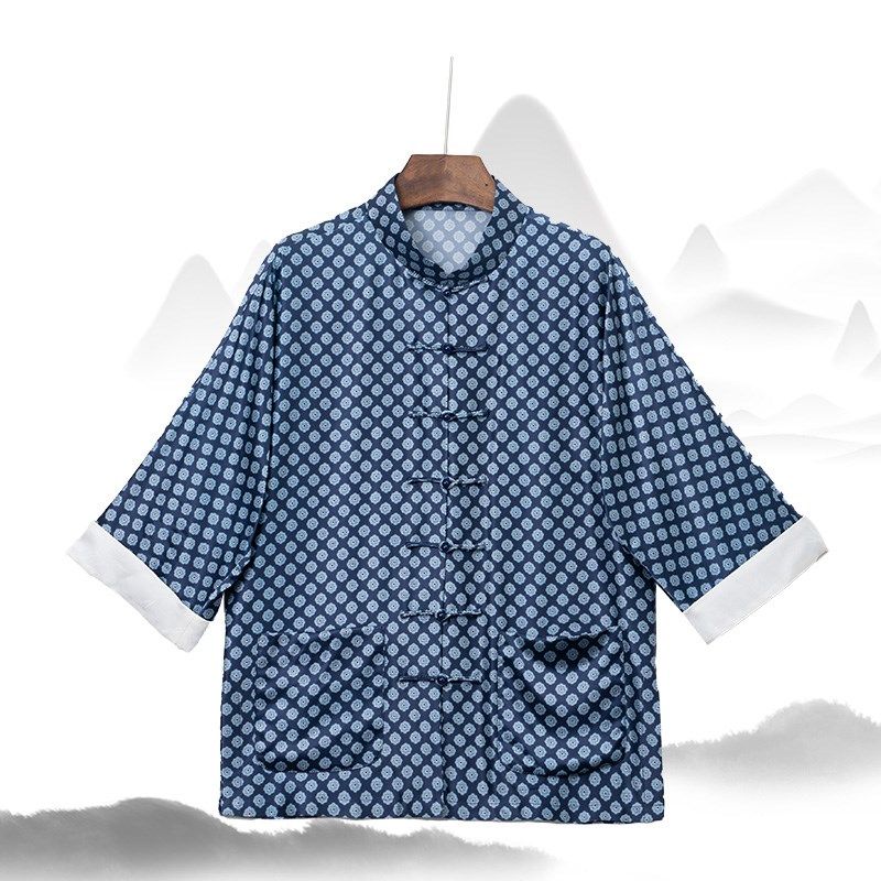 苍月*三重门夏季重磅真丝男短袖外套唐装冰丝新中式衣服盘扣休闲