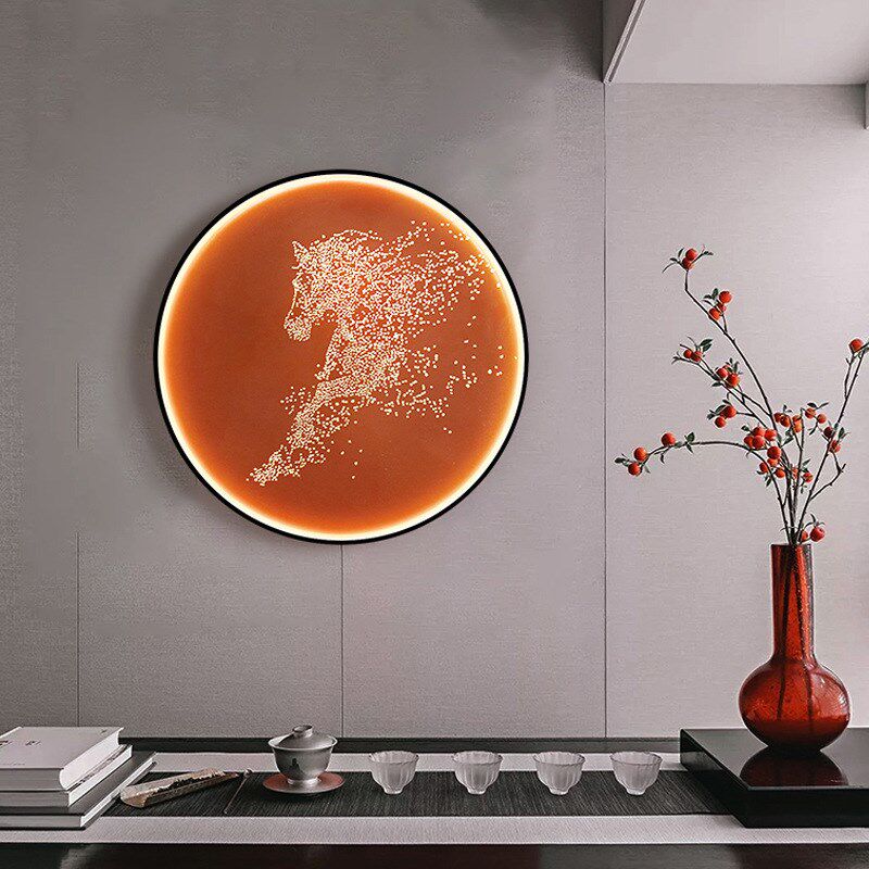 新中式立体客厅装饰画发光灯带实物画圆形玄关走廊茶室晶钻挂画