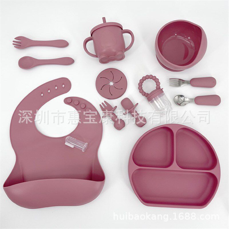 硅胶餐具碗碟盘套l装儿童辅食餐盘分隔盘婴儿围兜宝宝训练叉勺