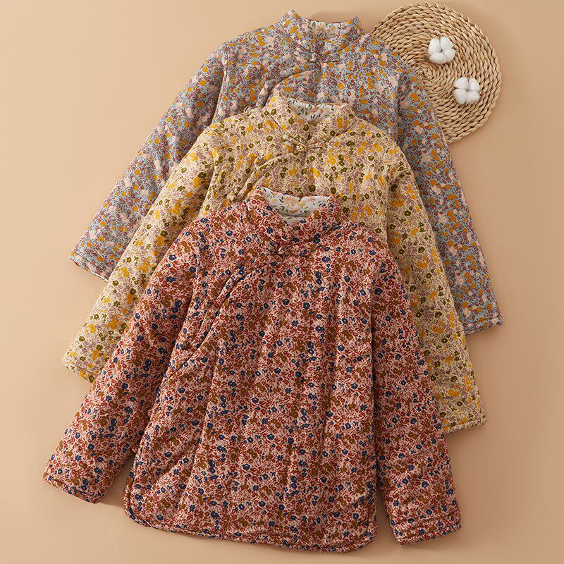 中式立领盘扣棉花棉袄 纯棉碎花夹棉服女士上衣秋冬加厚保暖外套