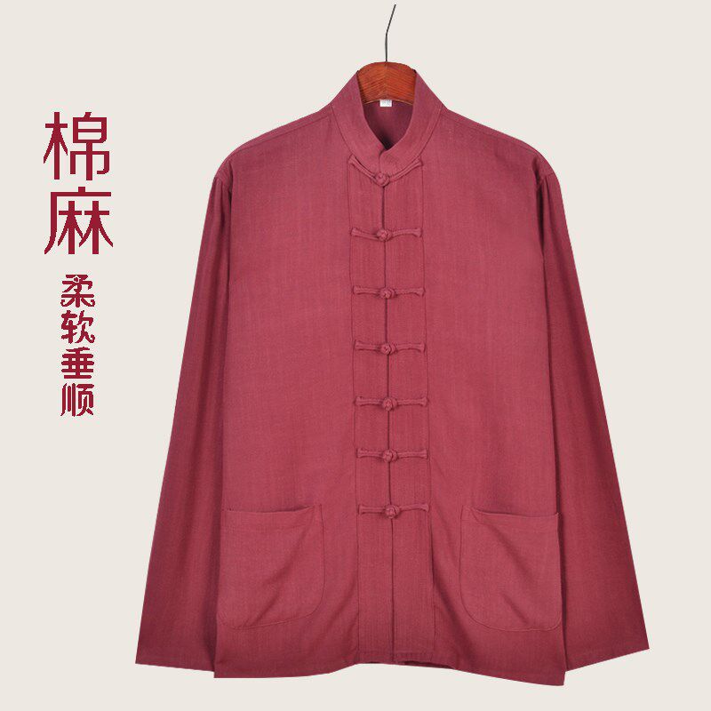 夏季男式唐装上衣棉麻中老年男长袖休闲复古盘扣薄款亚麻爸爸夏装