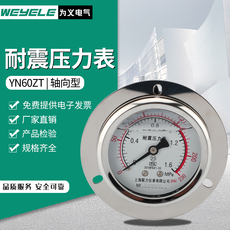 YN60ZT轴向带边耐震压力表 -0.1至60MPa立式抗震充油 真空负压表