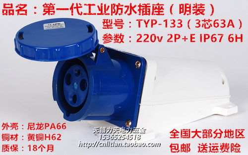 TYPE-133 IP67防水航空工业插座(明装固定式)3芯63A 2P+E 220V 6H