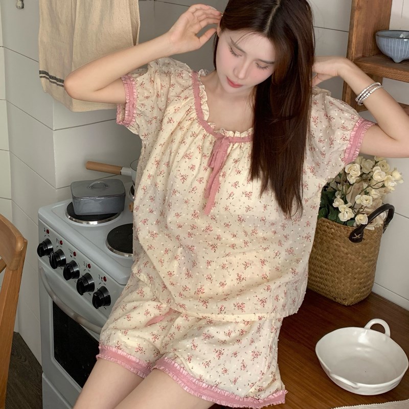 碎花棉麻睡衣女夏天韩版甜美提花撞色流苏花边棉质短袖家居服套装