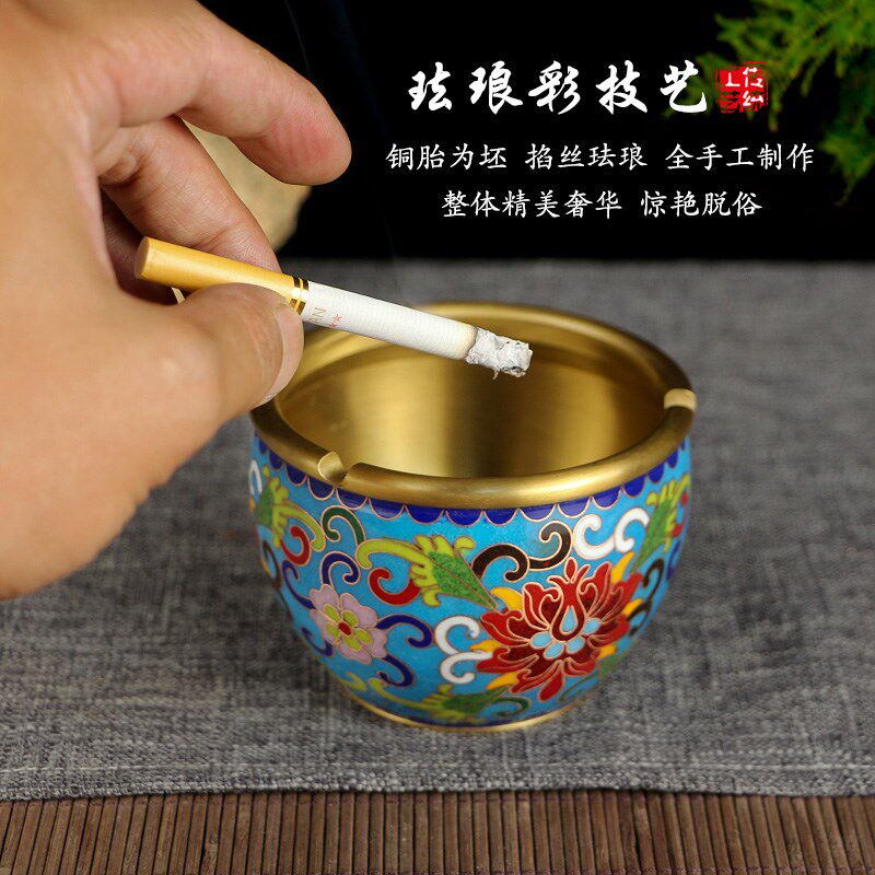 景泰蓝烟灰缸家用高级感铜质烟缸中式个性潮流防飞灰烟灰缸铜摆件
