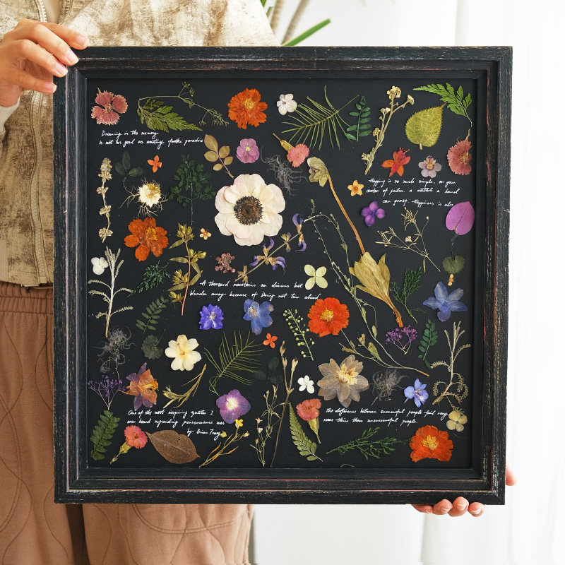 真花押花植物标本装饰画复古咖啡馆酒吧民宿挂画创意生日礼物黑底