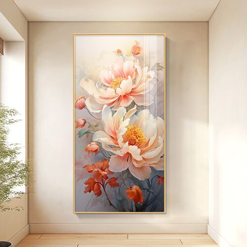 花开富贵玄关装饰画牡丹花客厅入户走廊过道挂画现代高端晶瓷壁画