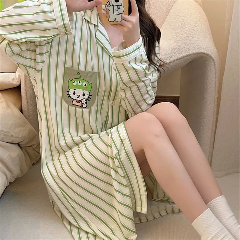 长袖睡裙女春秋季纯棉中长版可爱日系条纹大尺码睡衣宽松孕妇居家