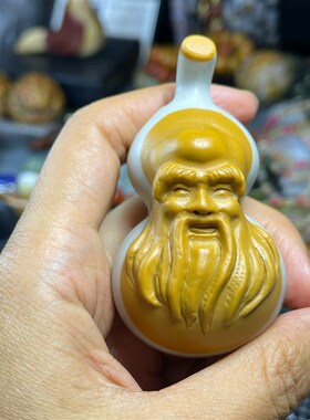 原矿木纹石文玩手把件摆件鸡油黄手工雕刻寿星老葫芦盘玩变色