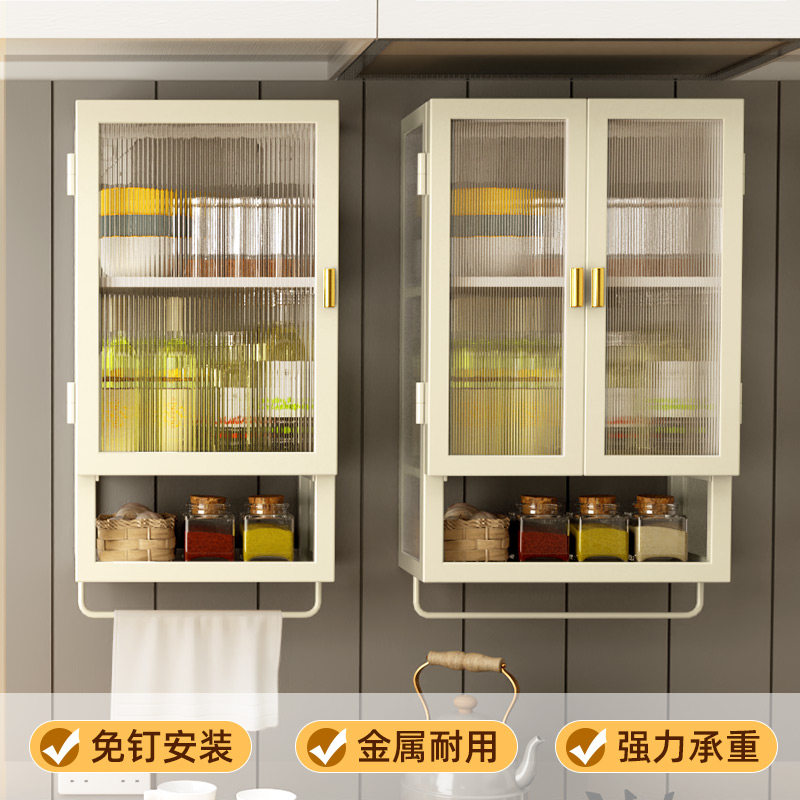 厨房多层带柜门防尘免打孔调味料置物架壁挂式储物柜墙Y上收纳架