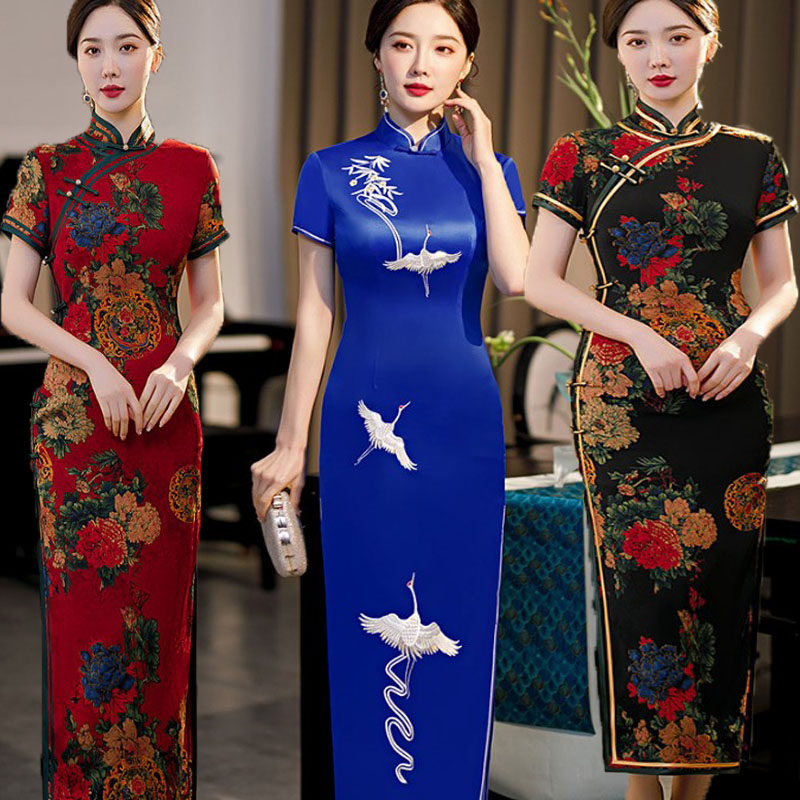 2021新款中国风复古印花改良短袖长旗袍礼服日常舞台走秀连衣裙女