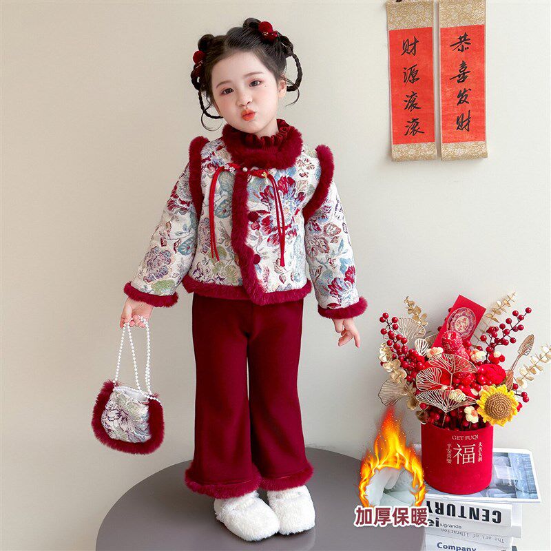 女童冬季夹棉拜年服套装2026新款女宝宝中式汉服唐装儿童新年冬装